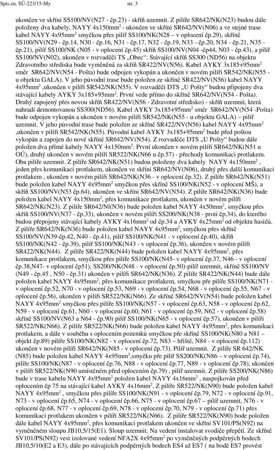 29), skříně SS100/NV(N29 - čp.14, N30 - čp.16, N31 - čp.17, N32 - čp.19, N33 - čp.20, N34 - čp.21, N35 - čp.21), pilíř SS100/NK (N05 - v oplocení čp.45) skříň SS100/NV(N04 -čp44, N03 - čp.