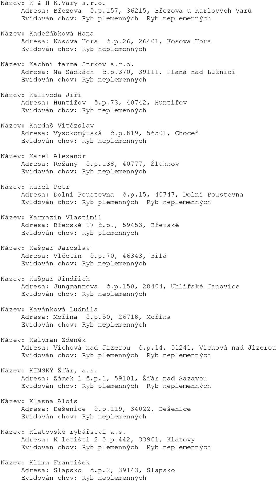 p.138, 40777, Šluknov Název: Karel Petr Adresa: Dolní Poustevna č.p.15, 40747, Dolní Poustevna Název: Karmazín Vlastimil Adresa: Březské 17 č.p., 59453, Březské Název: Kašpar Jaroslav Adresa: Vlčetín č.