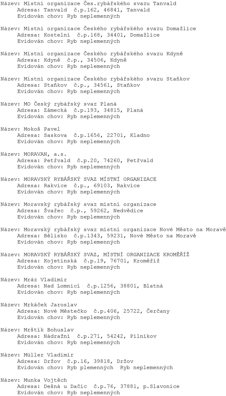 p.1656, 22701, Kladno Název: MORAVAN, a.s. Adresa: Petřvald č.p.20, 74260, Petřvald Název: MORAVSKÝ RYBÁŘSKÝ SVAZ MÍSTNÍ ORGANIZACE Adresa: Rakvice č.p., 69103, Rakvice Název: Moravský rybářský svaz místní organizace Adresa: Švařec č.