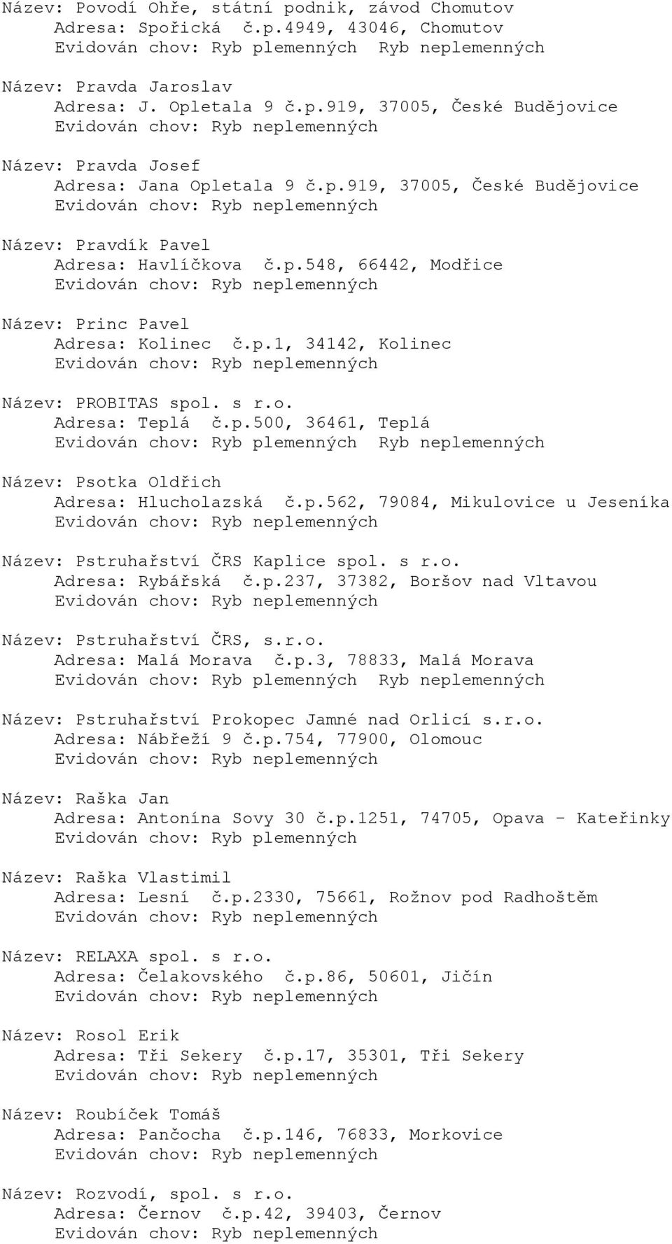 p.562, 79084, Mikulovice u Jeseníka Název: Pstruhařství ČRS Kaplice spol. s r.o. Adresa: Rybářská č.p.237, 37382, Boršov nad Vltavou Název: Pstruhařství ČRS, s.r.o. Adresa: Malá Morava č.p.3, 78833, Malá Morava Název: Pstruhařství Prokopec Jamné nad Orlicí s.