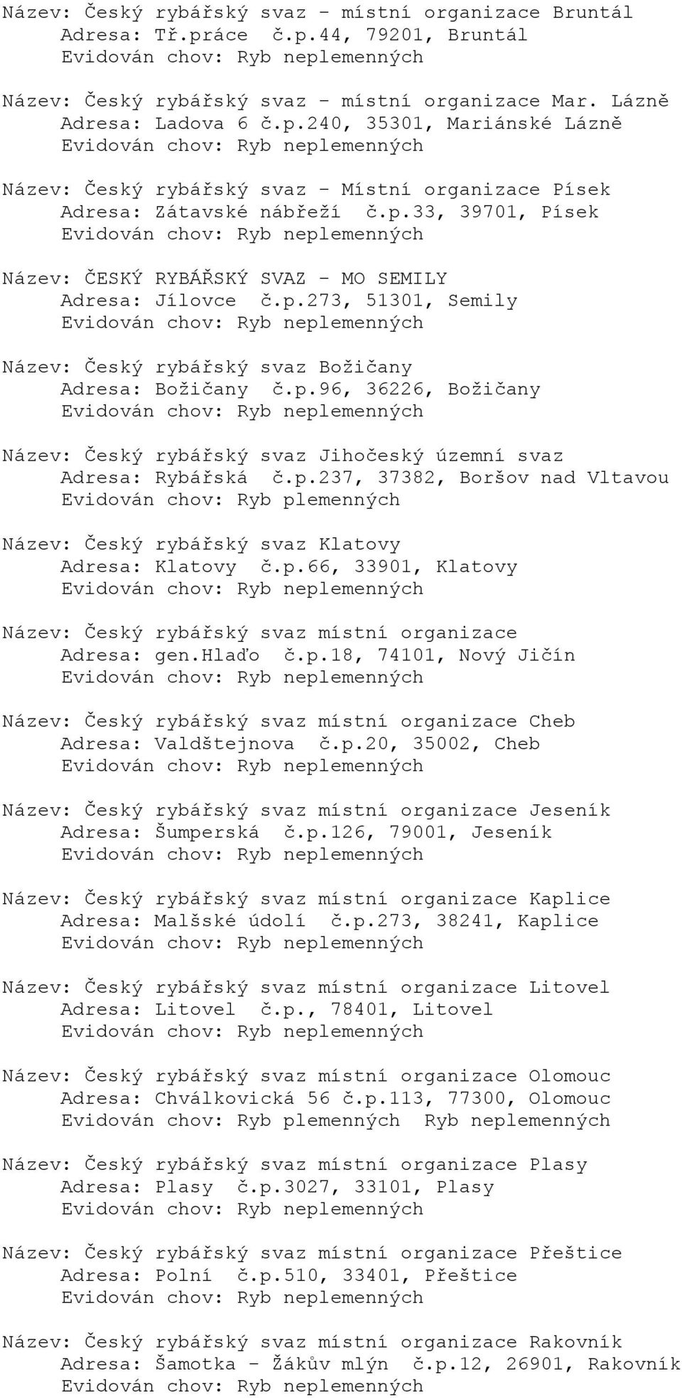 p.237, 37382, Boršov nad Vltavou Název: Český rybářský svaz Klatovy Adresa: Klatovy č.p.66, 33901, Klatovy Název: Český rybářský svaz místní organizace Adresa: gen.hlaďo č.p.18, 74101, Nový Jičín Název: Český rybářský svaz místní organizace Cheb Adresa: Valdštejnova č.