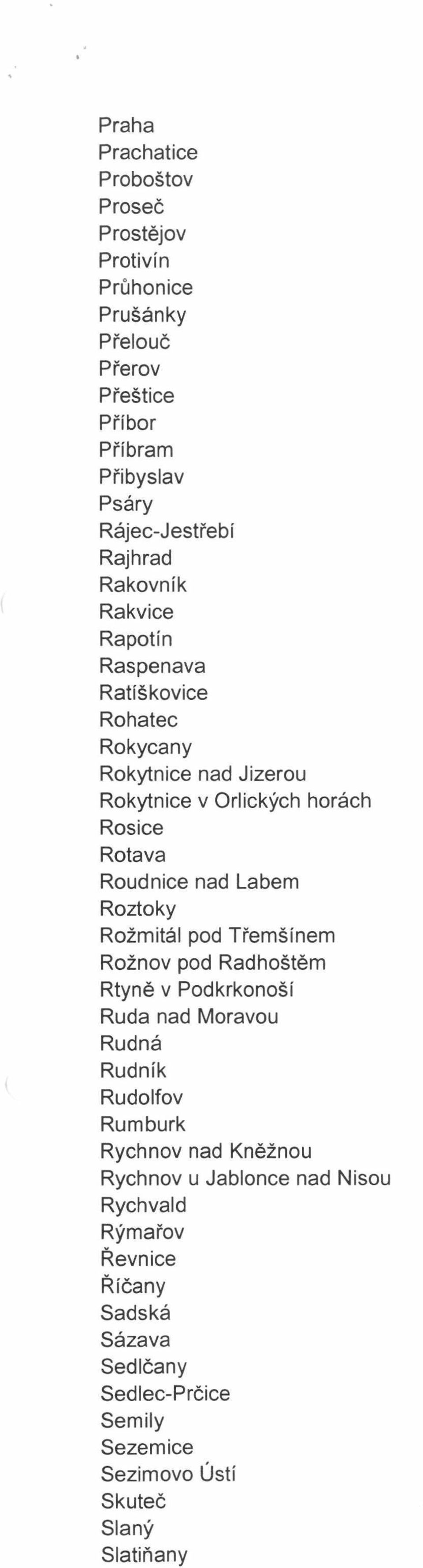 nad Labem Roztoky Rožmitál pod Třemšínem Rožnov pod Radhoštěm Rtyně v Podkrkonoší Ruda nad Moravou Rudná Rudník Rudolfov Rumburk Rychnov nad