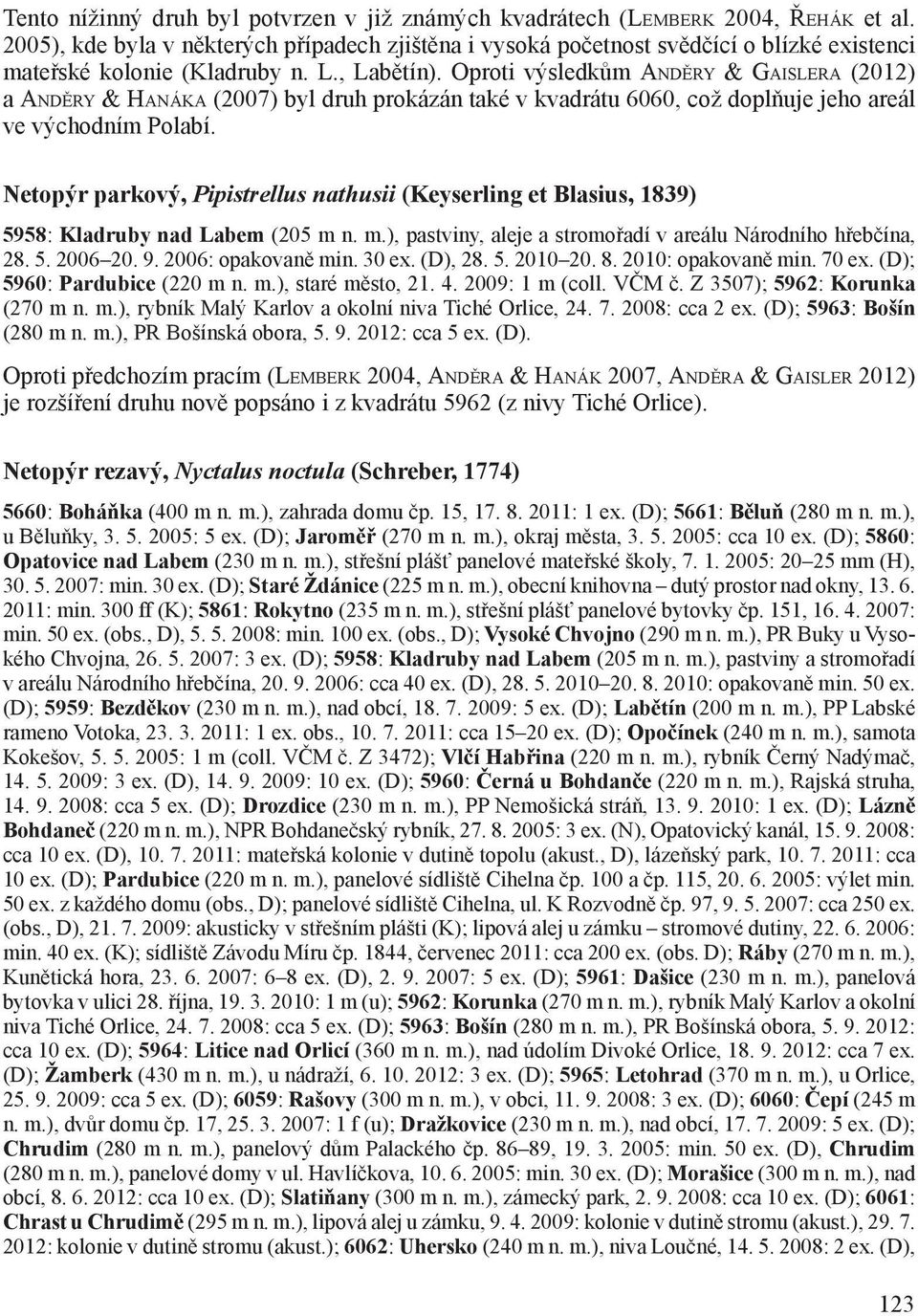 Oproti výsledkům Anděry & Gaislera (2012) a Anděry & Hanáka (2007) byl druh prokázán také v kvadrátu 6060, což doplňuje jeho areál ve východním Polabí.