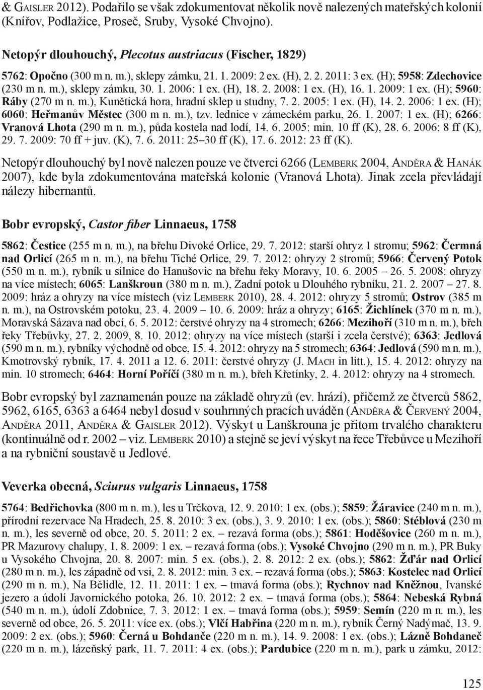 (H), 18. 2. 2008: 1 ex. (H), 16. 1. 2009: 1 ex. (H); 5960: Ráby (270 m n. m.), Kunětická hora, hradní sklep u studny, 7. 2. 2005: 1 ex. (H), 14. 2. 2006: 1 ex. (H); 6060: Heřmanův Městec (300 m n. m.), tzv.