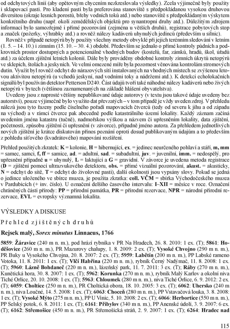 ) nebo stanoviště s předpokládaným výskytem konkrétního druhu (např. okolí zemědělských objektů pro synantropní druhy atd.). Důležitým zdrojem informací bylo samozřejmě i přímé pozorování (zejména u větších druhů), registrace pobytových stop a značek (požerky, výhrabky atd.