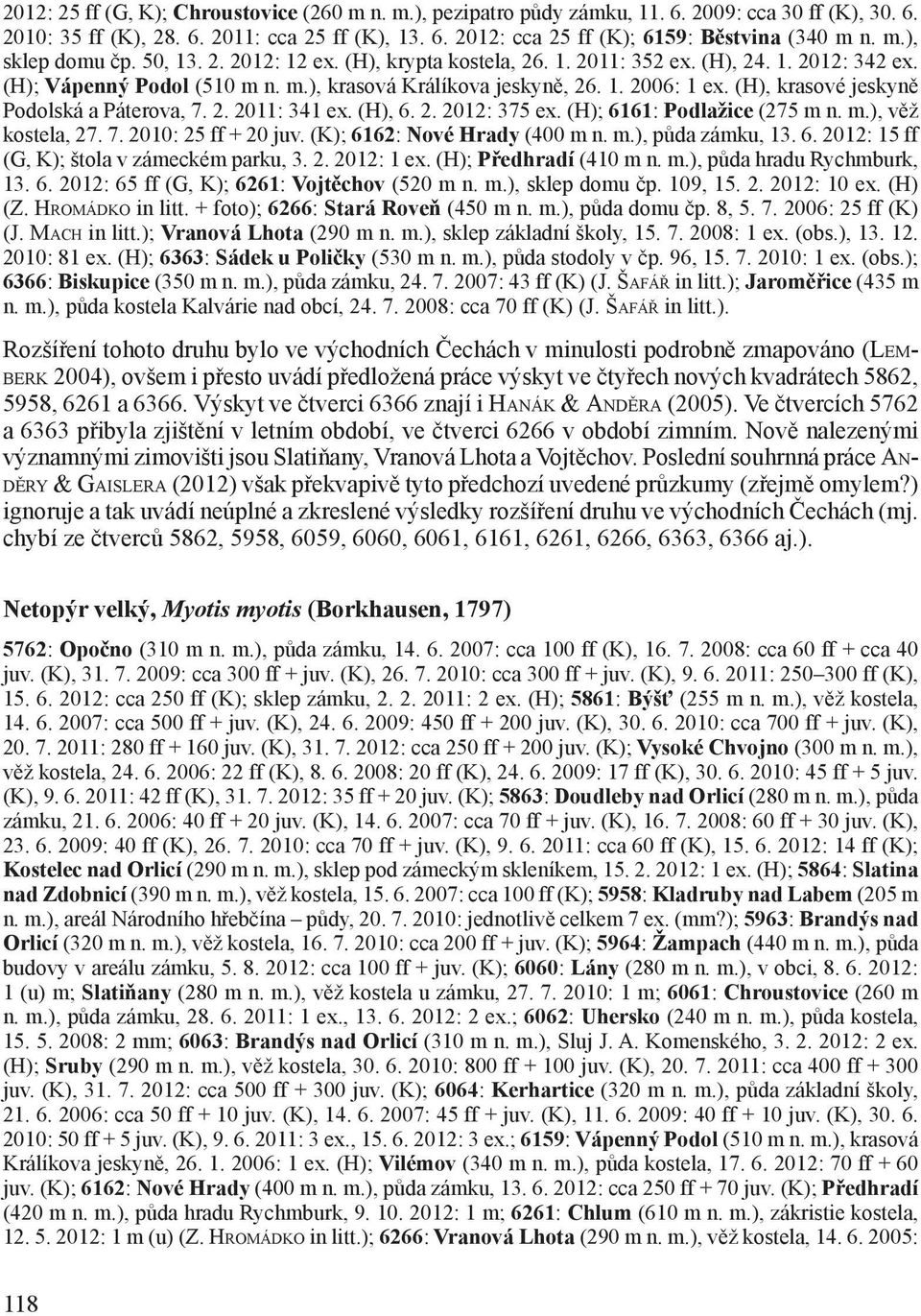(H), krasové jeskyně Podolská a Páterova, 7. 2. 2011: 341 ex. (H), 6. 2. 2012: 375 ex. (H); 6161: Podlažice (275 m n. m.), věž kostela, 27. 7. 2010: 25 ff + 20 juv. (K); 6162: Nové Hrady (400 m n. m.), půda zámku, 13.