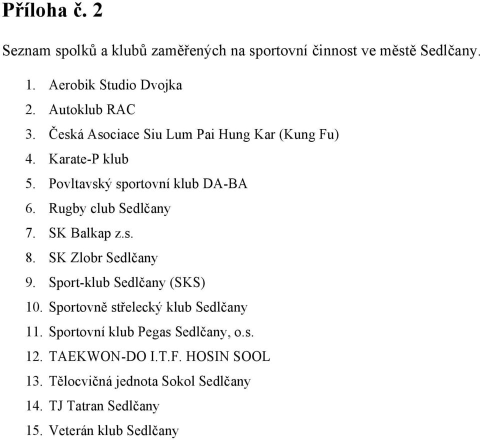 SK Balkap z.s. 8. SK Zlobr Sedlčany 9. Sport-klub Sedlčany (SKS) 10. Sportovně střelecký klub Sedlčany 11.