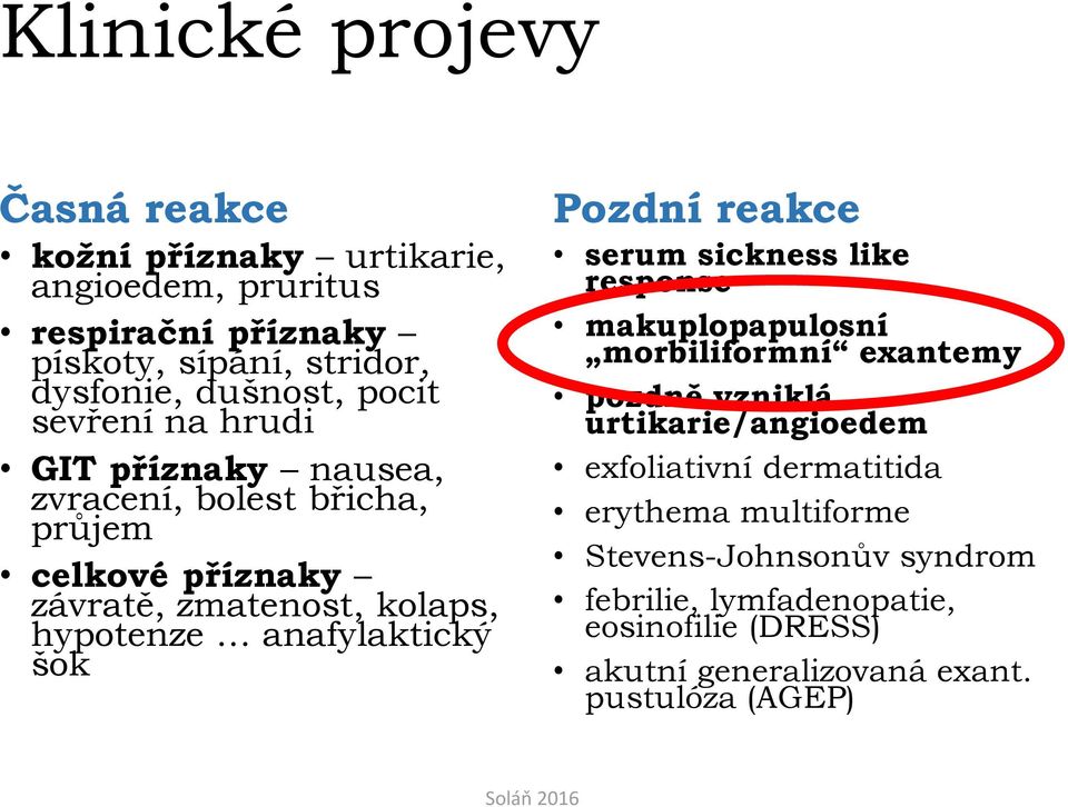 anafylaktický šok Pozdní reakce serum sickness like response makuplopapulosní morbiliformní exantemy pozdně vzniklá urtikarie/angioedem