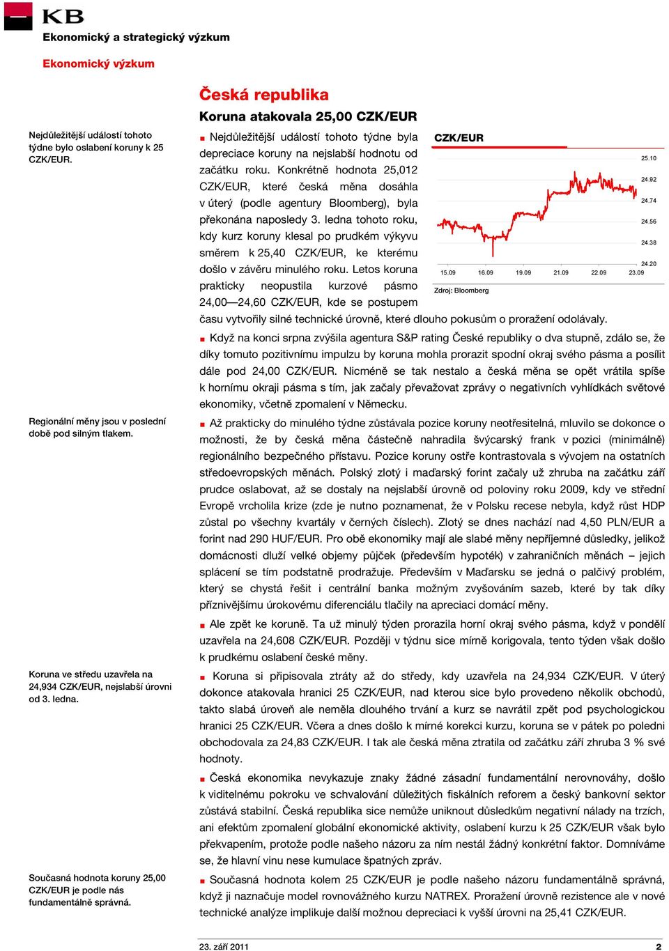 Konkrétně hodnota 25,012 CZK/EUR, které česká měna dosáhla v úterý (podle agentury Bloomberg), byla překonána naposledy 3.