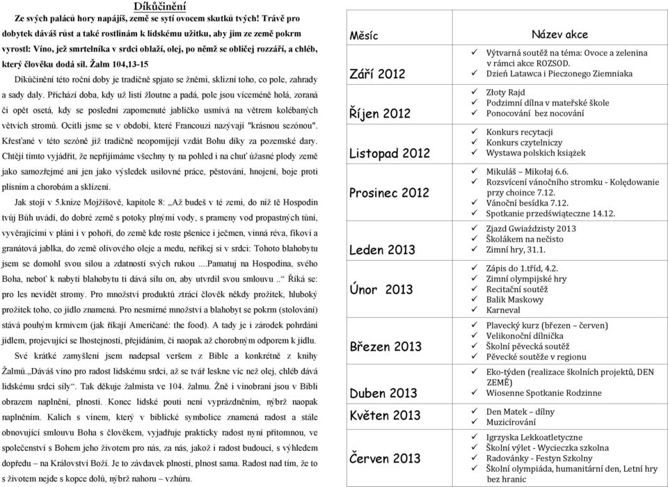 Žalm 104,13-15 Díkůčinění této roční doby je tradičně spjato se žněmi, sklizní toho, co pole, zahrady Září 2012 Výtvarná soutěž na téma: Ovoce a zelenina v rámci akce ROZSOD.