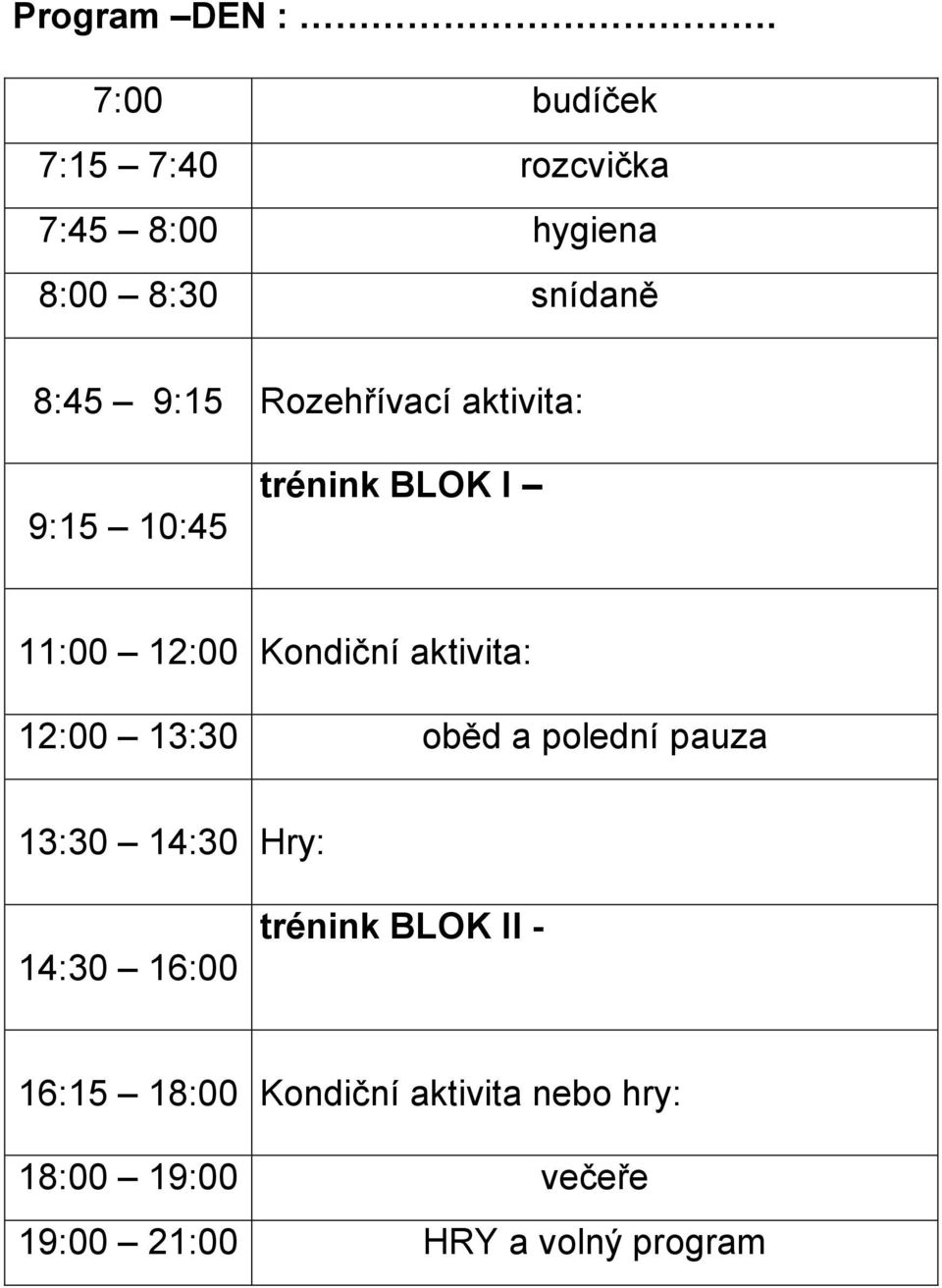 Rozehřívací aktivita: 9:15 10:45 trénink BLOK I 11:00 12:00 Kondiční aktivita: 12:00