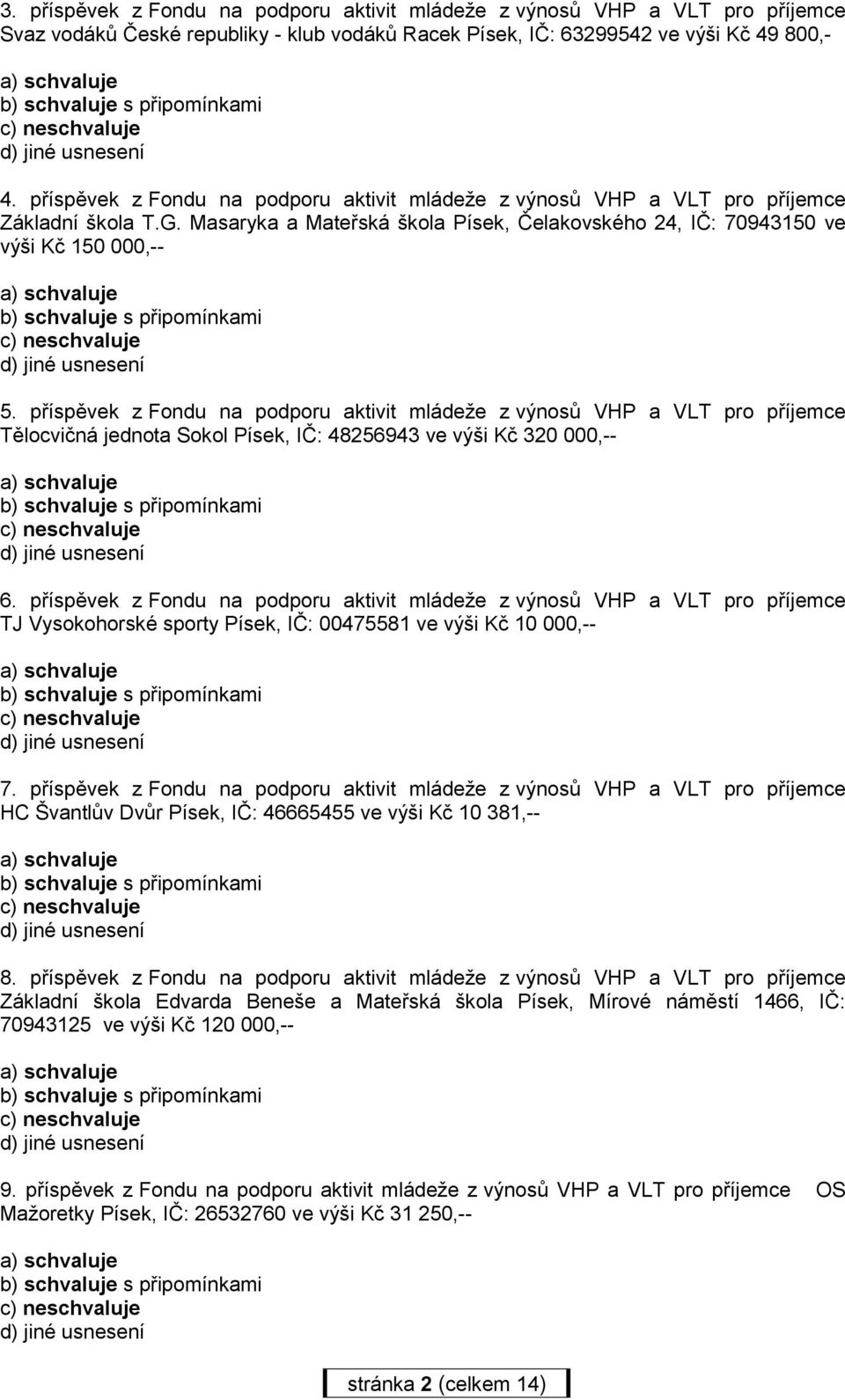 příspěvek z Fondu na podporu aktivit mládeže z výnosů VHP a VLT pro příjemce Tělocvičná jednota Sokol Písek, IČ: 48256943 ve výši Kč 320 000,-- 6.