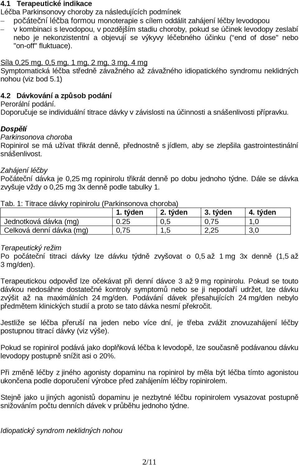 Síla 0,25 mg, 0,5 mg, 1 mg, 2 mg, 3 mg, 4 mg Symptomatická léčba středně závažného až závažného idiopatického syndromu neklidných nohou (viz bod 5.1) 4.2 Dávkování a způsob podání Perorální podání.