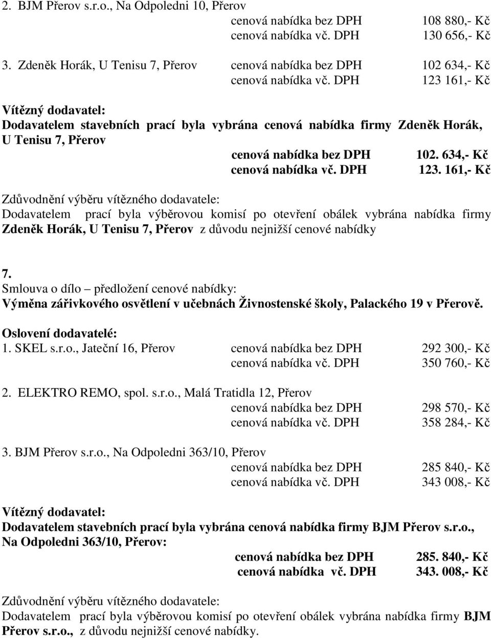 161,- Kč Dodavatelem stavebních prací byla vybrána cenová nabídka firmy Zdeněk Horák, U Tenisu 7, Přerov 102. 634,- Kč 123.