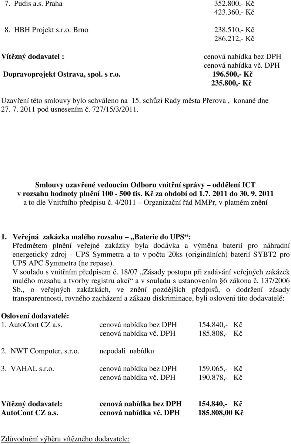 Smlouvy uzavřené vedoucím Odboru vnitřní správy oddělení ICT v rozsahu hodnoty plnění 100-500 tis. Kč za období od 1.7. 2011 do 30. 9. 2011 a to dle Vnitřního předpisu č.