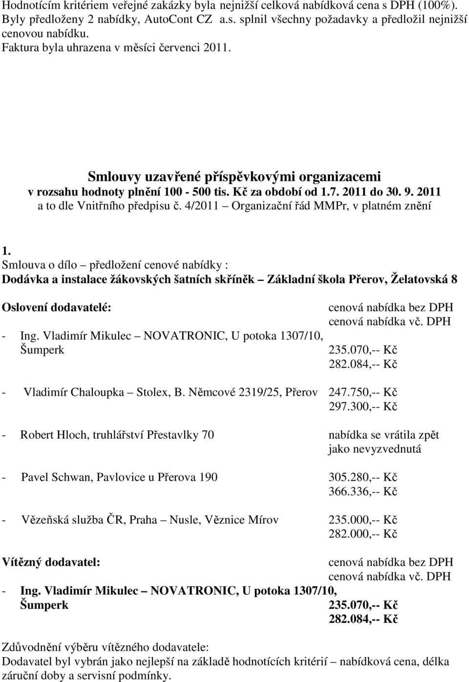 4/2011 Organizační řád MMPr, v platném znění 1. Dodávka a instalace žákovských šatních skříněk Základní škola Přerov, Želatovská 8 - Ing. Vladimír Mikulec NOVATRONIC, U potoka 1307/10, Šumperk 235.