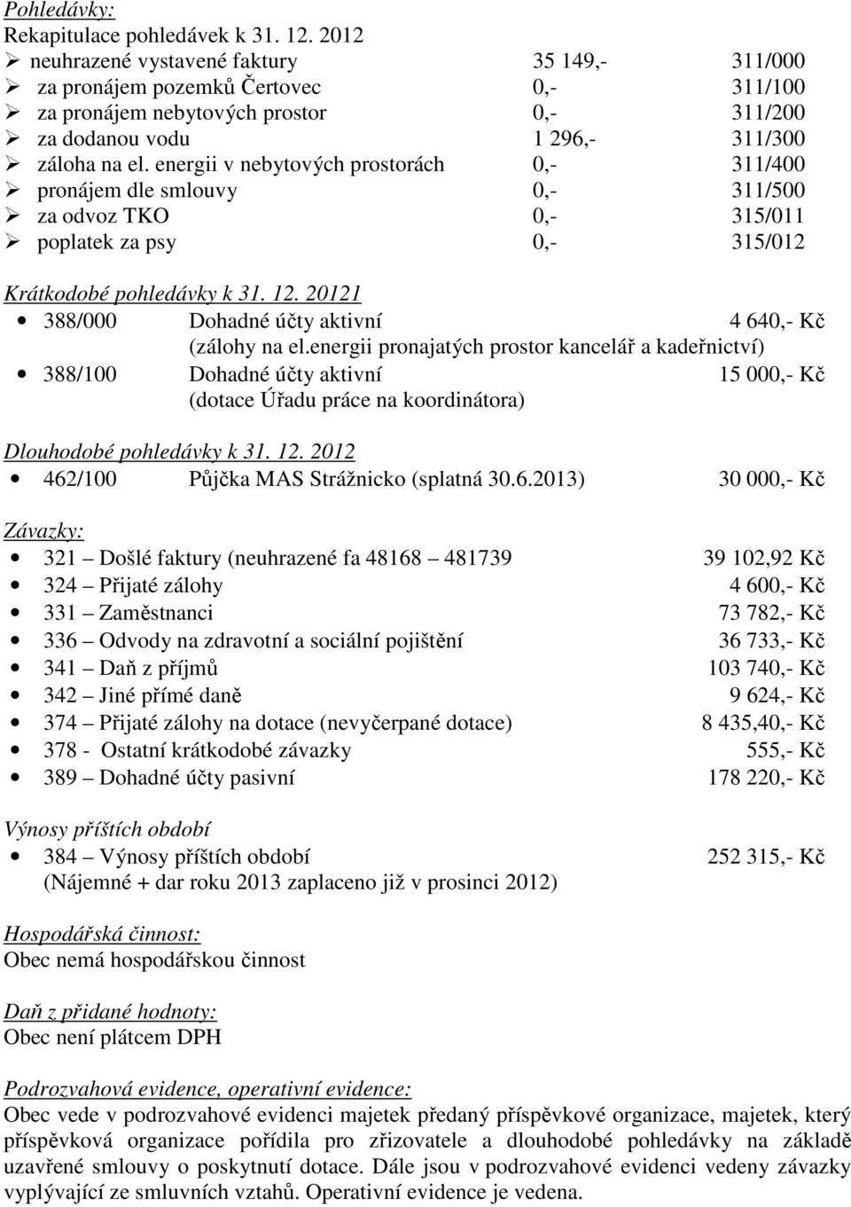 energii v nebytových prostorách 0,- 311/400 pronájem dle smlouvy 0,- 311/500 za odvoz TKO 0,- 315/011 poplatek za psy 0,- 315/012 Krátkodobé pohledávky k 31. 12.
