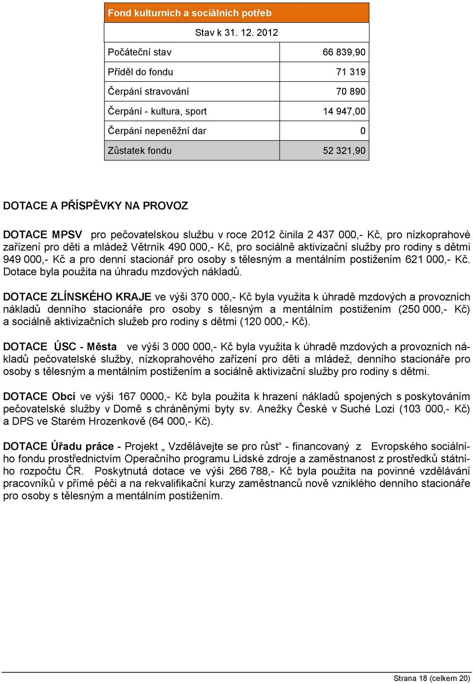 MPSV pro pečovatelskou službu v roce 2012 činila 2 437 000,- Kč, pro nízkoprahové zařízení pro děti a mládež Větrník 490 000,- Kč, pro sociálně aktivizační služby pro rodiny s dětmi 949 000,- Kč a