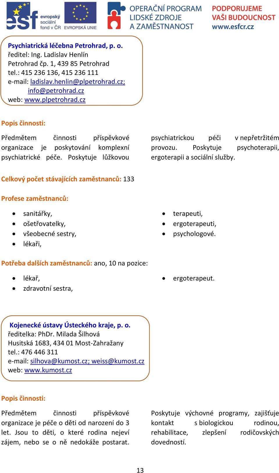 Poskytuje psychoterapii, ergoterapii a sociální služby. Celkový počet stávajících zaměstnanců: 133 sanitářky, ošetřovatelky, všeobecné sestry, lékaři, terapeuti, ergoterapeuti, psychologové.