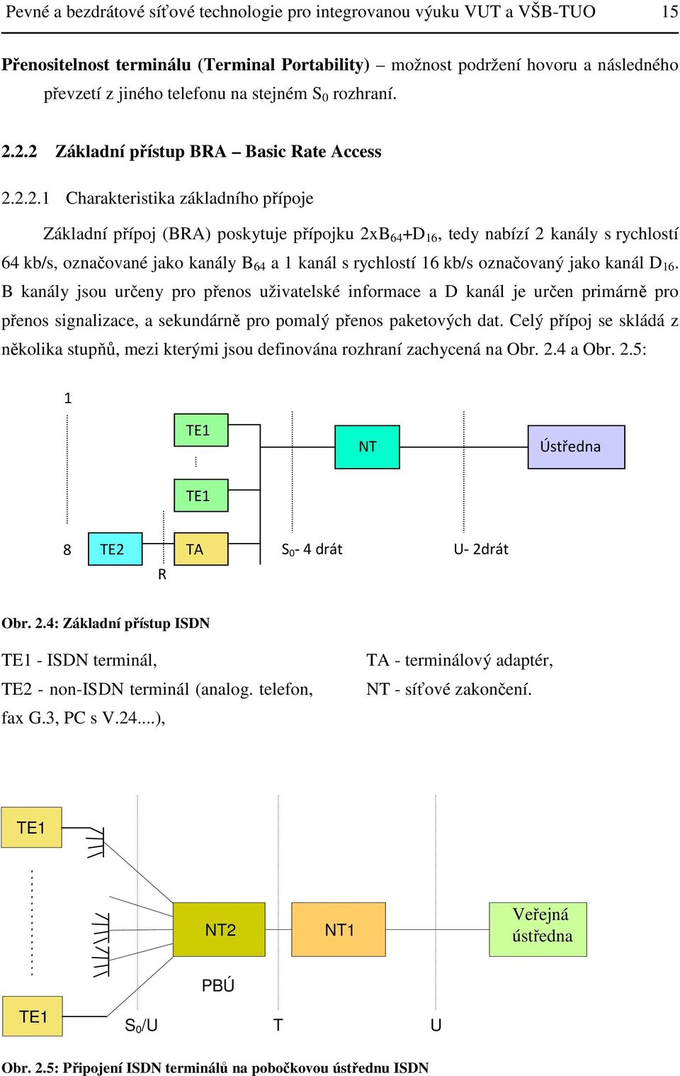 2.2 Základní přístup BRA Basic Rate Access 2.2.2.1 Charakteristika základního přípoje Základní přípoj (BRA) poskytuje přípojku 2xB 64 +D 16, tedy nabízí 2 kanály s rychlostí 64 kb/s, označované jako