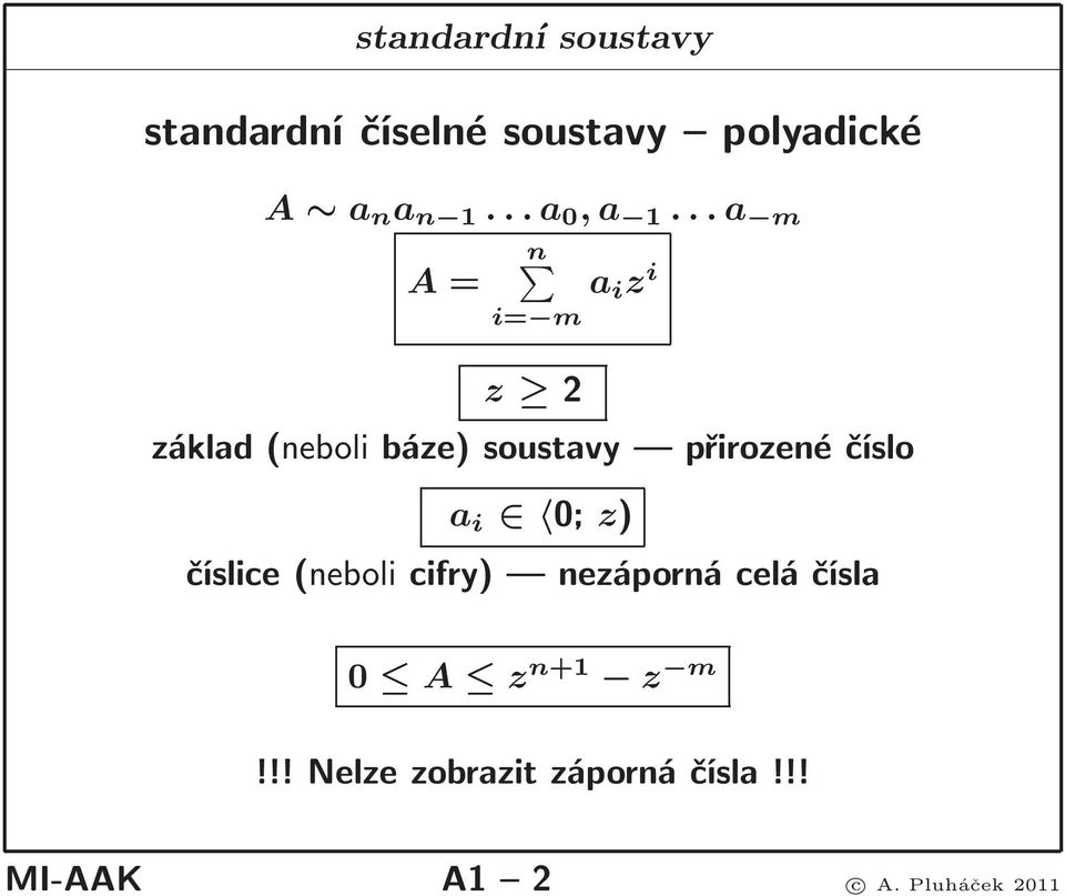 .. a m A= n a i z i i= m z 2 základ(neboli báze) soustavy přirozené