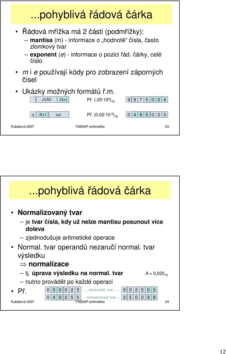 (0,02 10-5 ) 10 0 4 9 5 0 2 0 Kubátová 2007 Y36SAP-aritmetika 23.