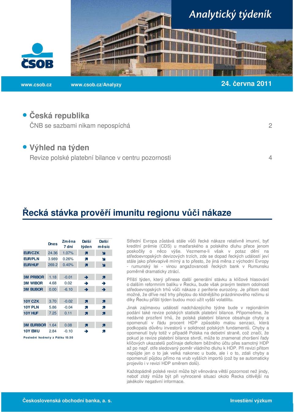 Další týden Další měsíc EUR/CZK 24.36 1.07% EUR/PLN 3.989 0.26% EUR/HUF 269.2 0.40% 3M PRIBOR 1.18-0.01 3M WIBOR 4.68 0.02 3M BUBOR 0.00-6.10 10Y CZK 3.70-0.02 10Y PLN 5.86-0.04 10Y HUF 7.25 0.