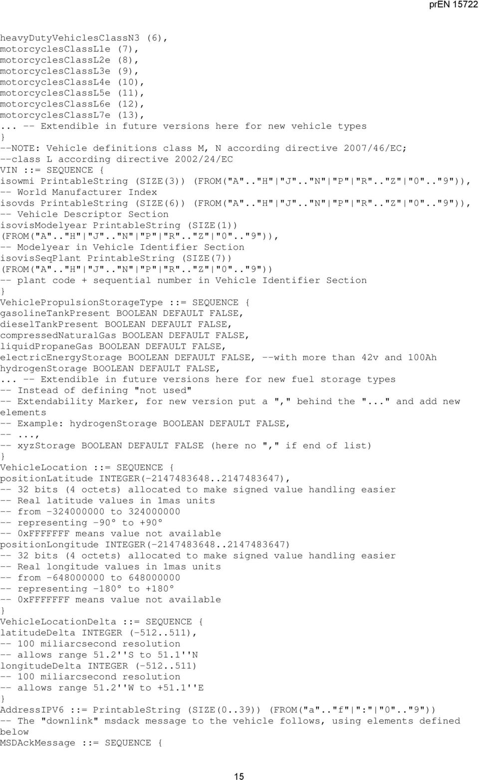 .. -- Extendible in future versions here for new vehicle types --NOTE: Vehicle definitions class M, N according directive 2007/46/EC; --class L according directive 2002/24/EC VIN ::= SEQUENCE {