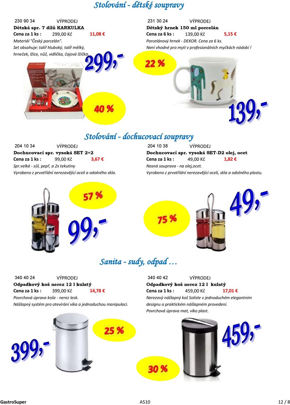 hrneček, lžíce, nůž, vidlička, čajová lžička. Stolování - dochucovací soupravy 204 10 34 VÝPRODEJ 204 10 38 VÝPRODEJ Dochucovací spr. vysoká SET 2+2 Dochucovací spr.