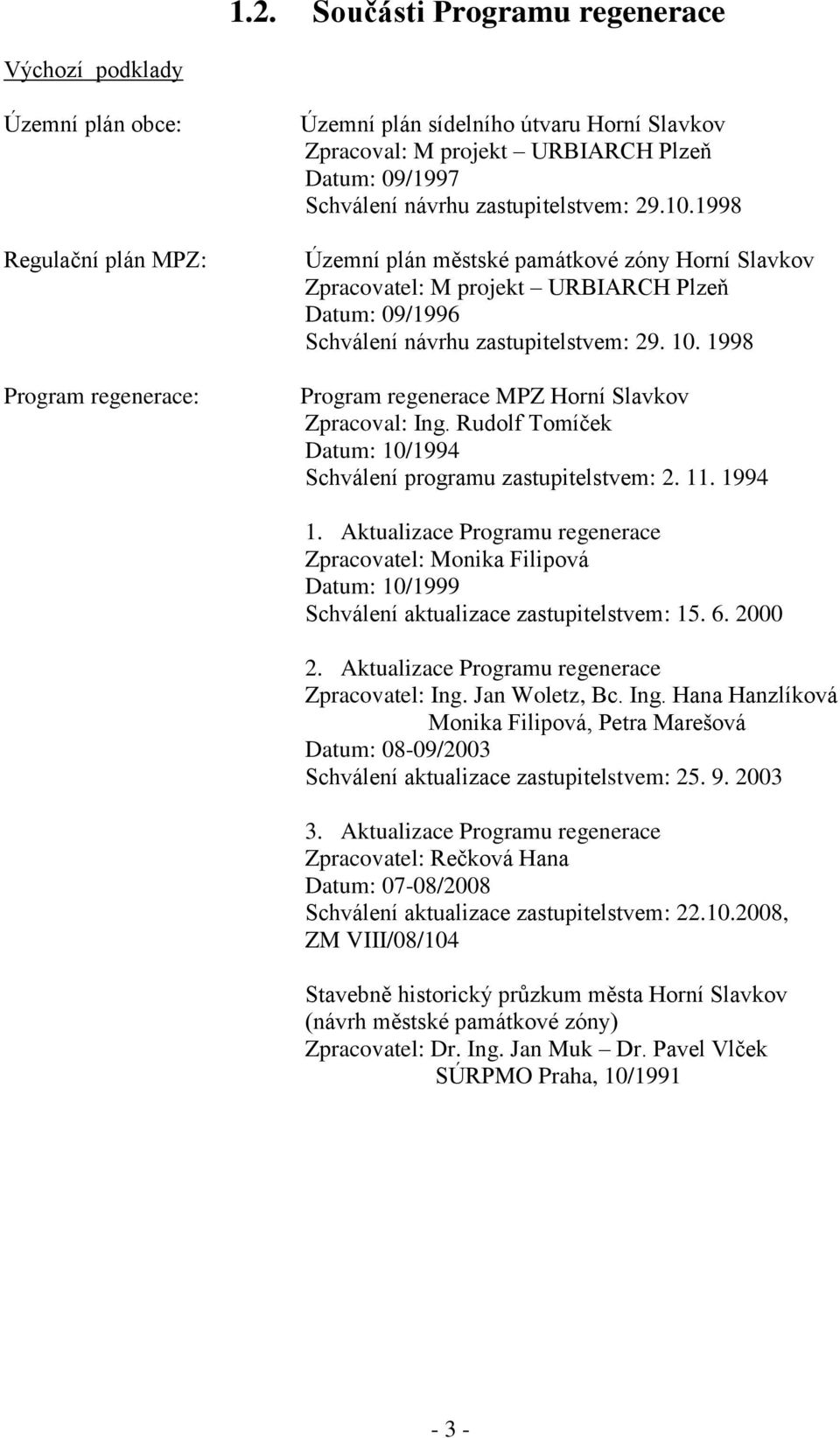 1998 Program regenerace MPZ Horní Slavkov Zpracoval: Ing. Rudolf Tomíček Datum: 10/1994 Schválení programu zastupitelstvem: 2. 11. 1994 1.