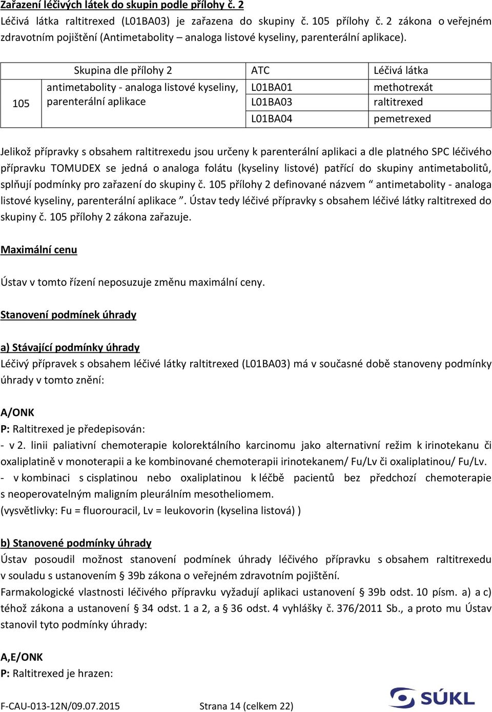 105 Skupina dle přílohy 2 ATC Léčivá látka antimetabolity - analoga listové kyseliny, parenterální aplikace L01BA01 L01BA03 L01BA04 methotrexát raltitrexed pemetrexed Jelikož přípravky s obsahem