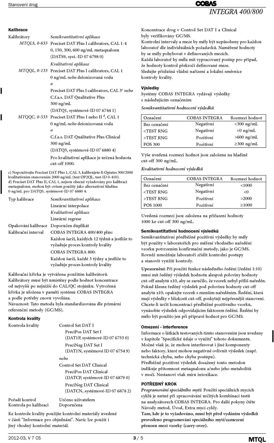 f.a.s. DAT Qualitative Plus Clinical (DATQ5, systémové-id 07 6880 4) Pro kvalitativní aplikace je určená hodnota cut-off 1000.