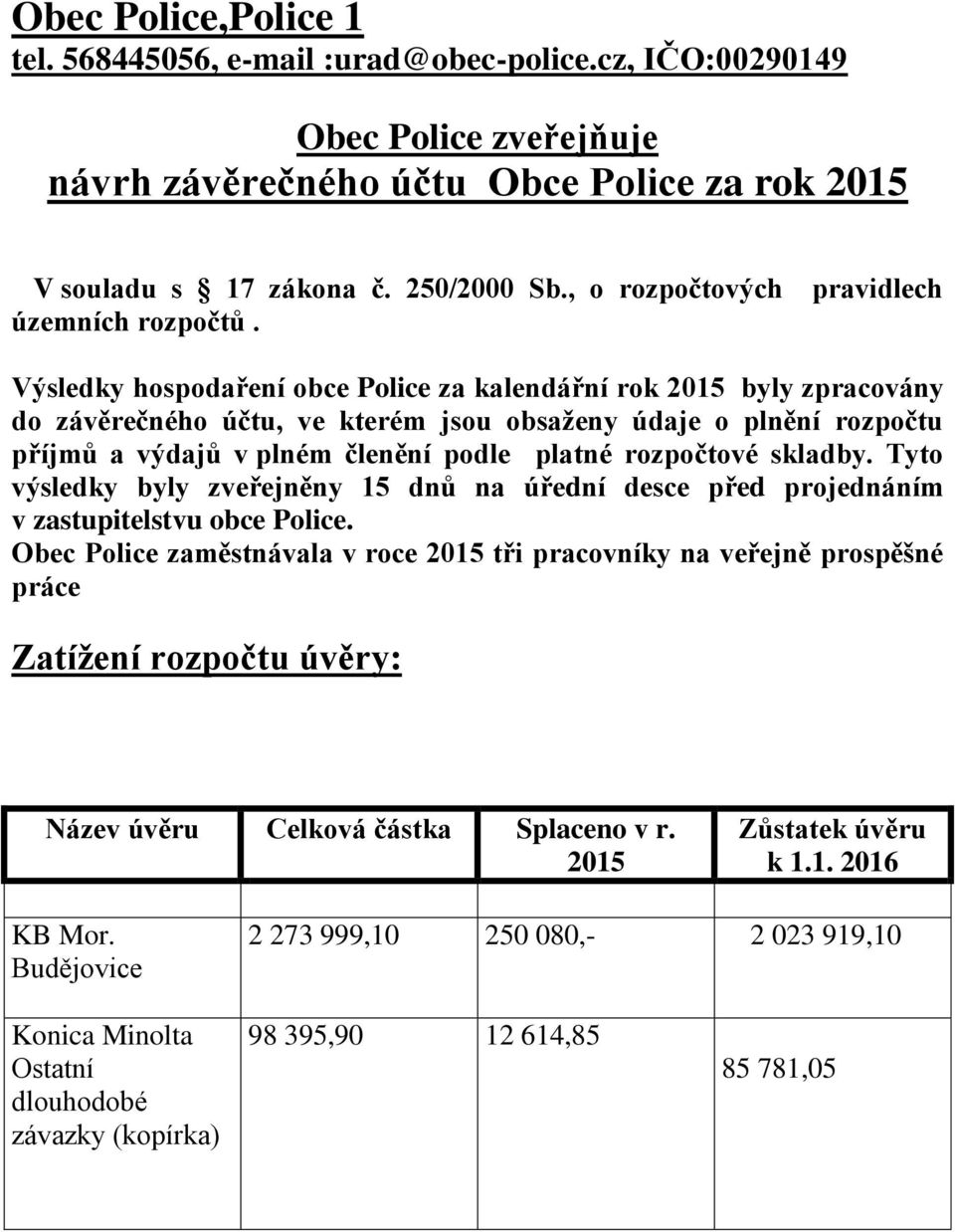 Výsledky hospodaření obce Police za kalendářní rok 2015 byly zpracovány do závěrečného účtu, ve kterém jsou obsaženy údaje o plnění rozpočtu příjmů a výdajů v plném členění podle platné rozpočtové