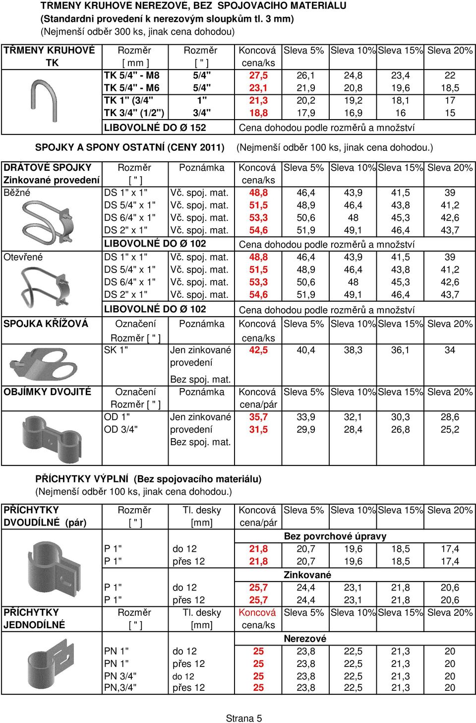 17,9 16,9 16 15 SPOJKY A SPONY OSTATNÍ (CENY 2011) DRÁTOVÉ SPOJKY Rozměr Poznámka Koncová Sleva 5% Sleva 10% Sleva 15% Sleva 20% Zinkované provedení [ " ] cena/ks Běžné DS 1" x 1" Vč. spoj. mat.