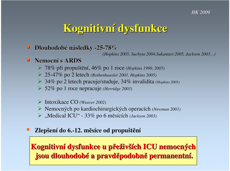 1 roce nepracuje (Herridge 2003) Intoxikace CO (Weaver 2002) Nemocných po kardiochirurgických operacích (Newman 2001) Medical ICU - 33% po 6 měsících