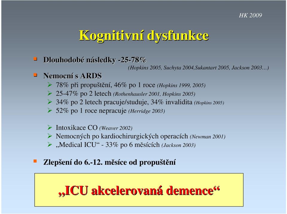 pracuje/studuje, 34% invalidita (Hopkins 2005) 52% po 1 roce nepracuje (Herridge 2003) Intoxikace CO (Weaver 2002) Nemocných po