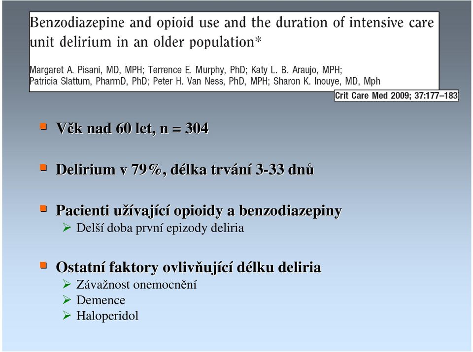 benzodiazepiny Delší doba první epizody deliria Ostatní