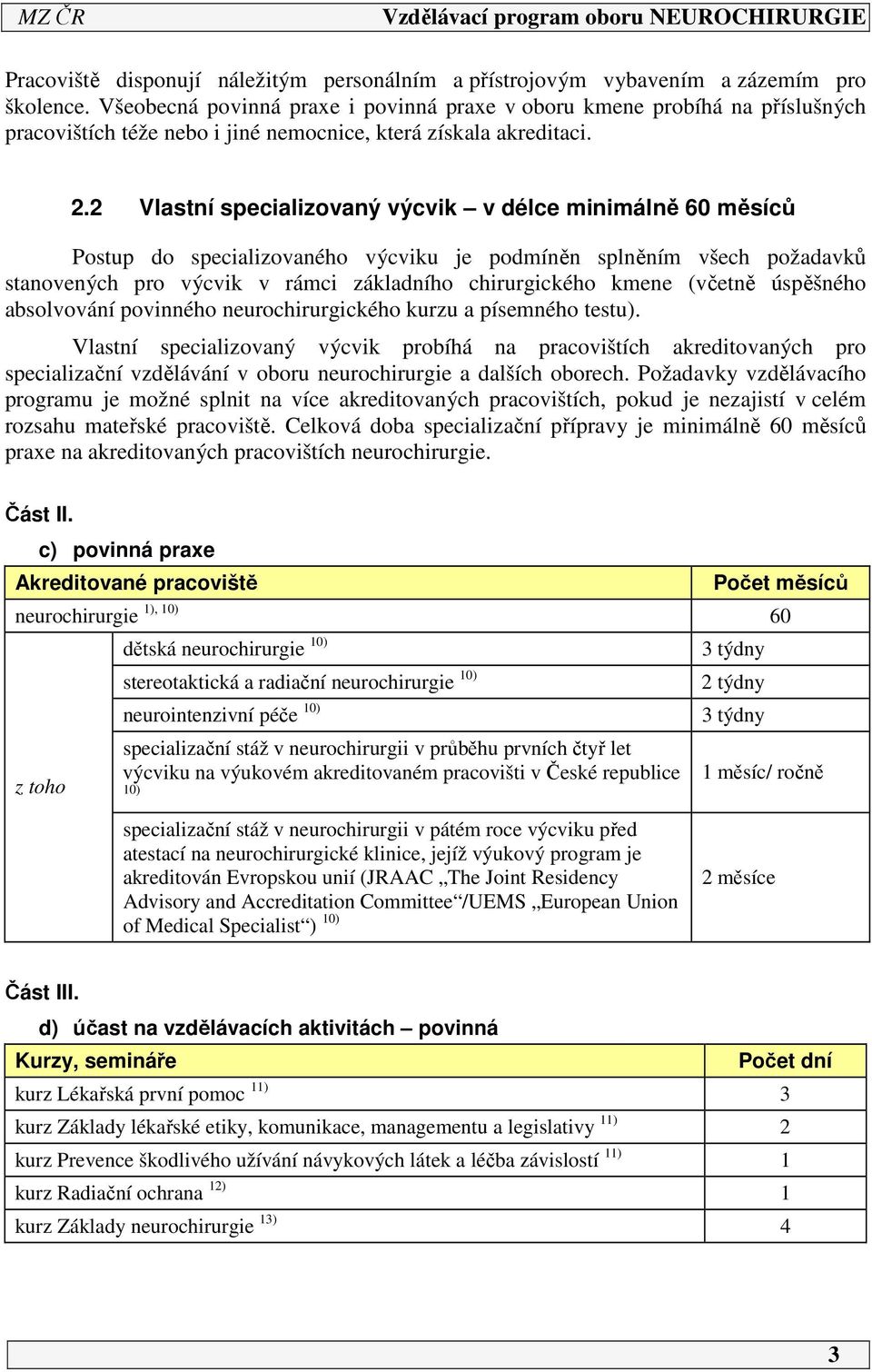 2 Vlastní specializovaný výcvik v délce minimálně 60 měsíců Postup do specializovaného výcviku je podmíněn splněním všech požadavků stanovených pro výcvik v rámci základního chirurgického kmene