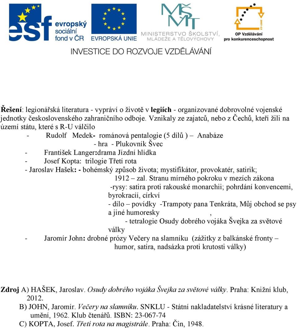 Josef Kopta: trilogie Třetí rota - Jaroslav Hašek: - bohémský způsob života; mystifikátor, provokatér, satirik; 1912 zal.