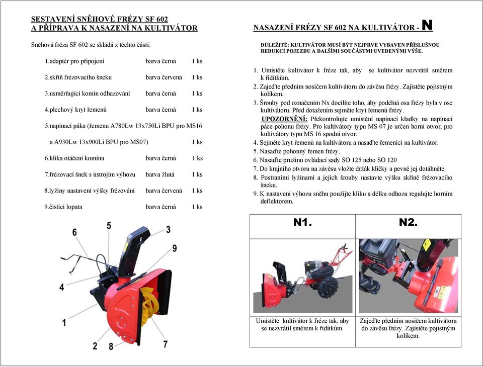 napínací páka (řemenu A780Lw 13x750Li BPU pro MS16 a A930Lw 13x900Li BPU pro MS07) 1 ks 6.klika otáčení komínu barva černá 1 ks 7.frézovací šnek s ústrojím výhozu barva žlutá 1 ks 8.