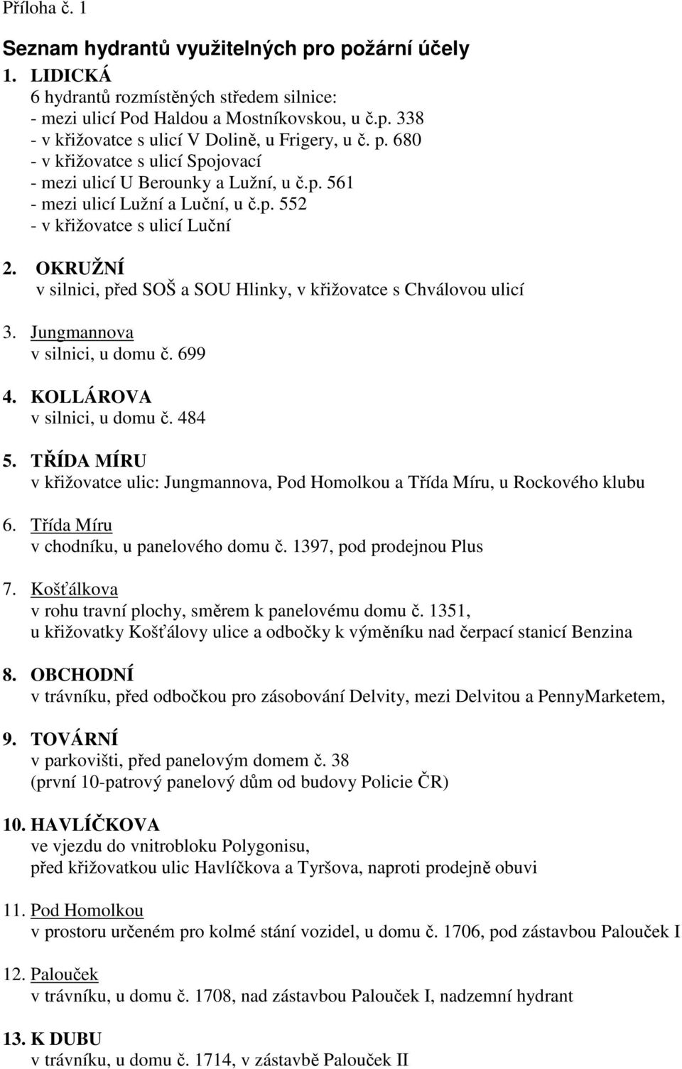 OKRUŽNÍ v silnici, před SOŠ a SOU Hlinky, v křižovatce s Chválovou ulicí 3. Jungmannova v silnici, u domu č. 699 4. KOLLÁROVA v silnici, u domu č. 484 5.