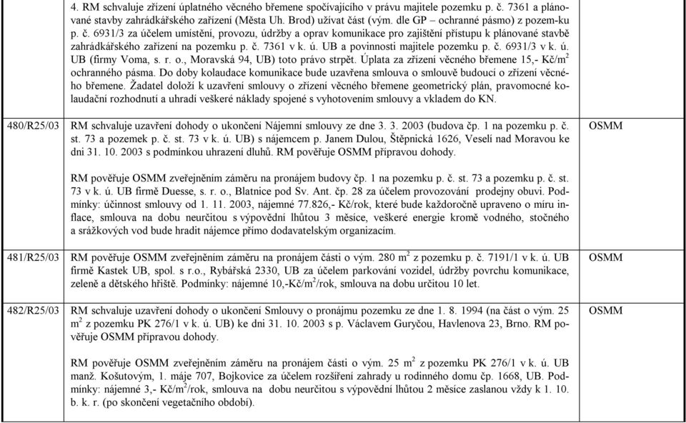 č. 6931/3 v k. ú. UB (firmy Voma, s. r. o., Moravská 94, UB) toto právo strpět. Úplata za zřízení věcného břemene 15,- Kč/m 2 ochranného pásma.