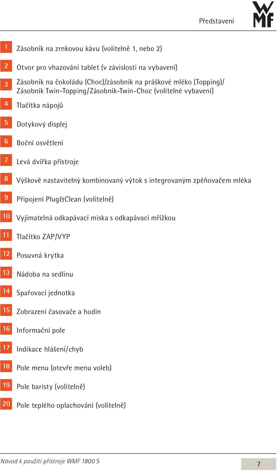 integrovaným zpěňovačem mléka 9 Připojení Plug&Clean (volitelně) 10 Vyjímatelná odkapávací miska s odkapávací mřížkou 11 Tlačítko ZAP / VYP 12 Posuvná krytka 13 Nádoba na sedlinu 14