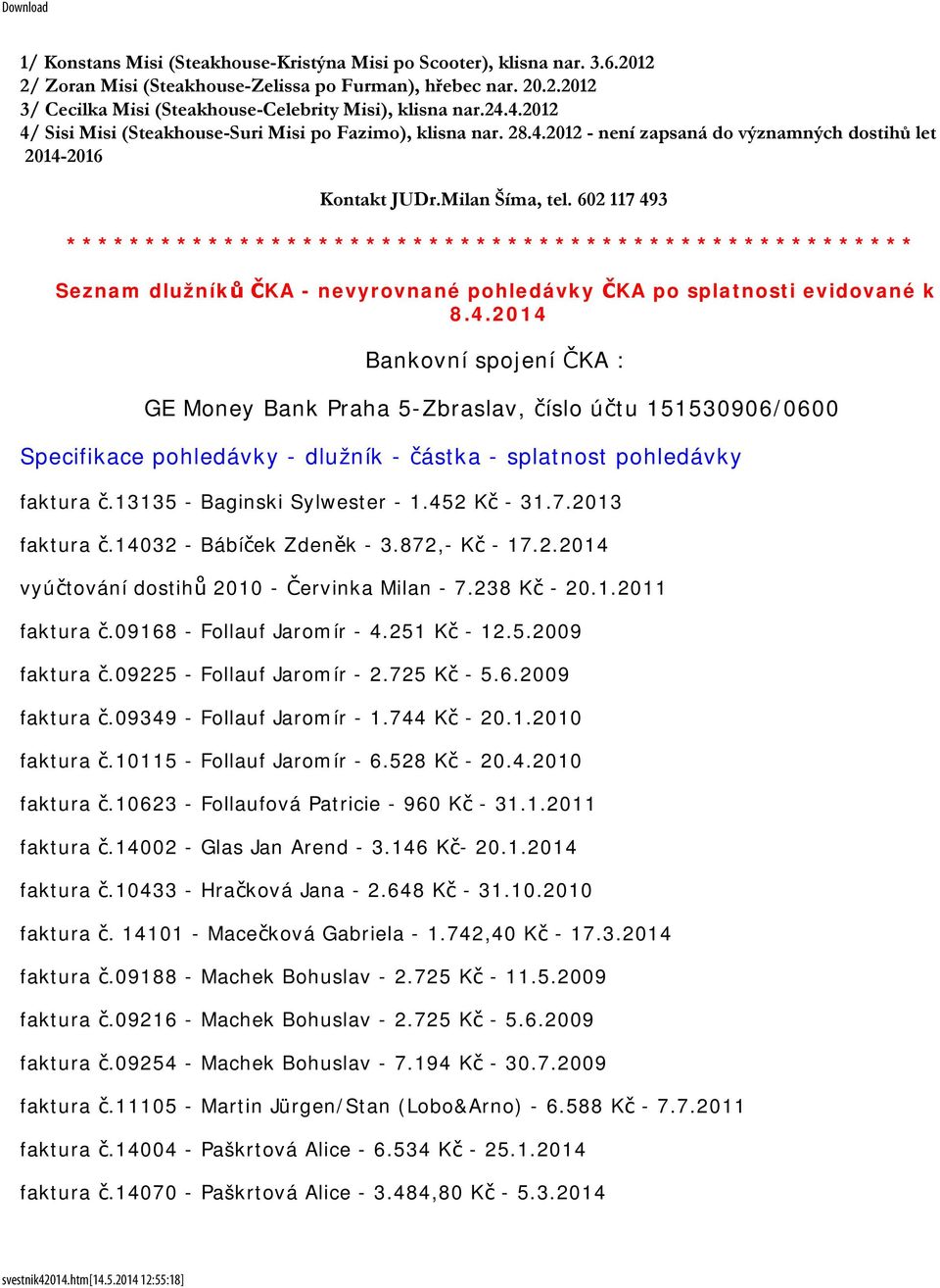 602 117 493 ****************************************************** Seznam dlužníků ČKA - nevyrovnané pohledávky ČKA po splatnosti evidované k 8.4.2014 Bankovní spojení ČKA : GE Money Bank Praha 5-Zbraslav, číslo účtu 151530906/0600 Specifikace pohledávky - dlužník - částka - splatnost pohledávky faktura č.