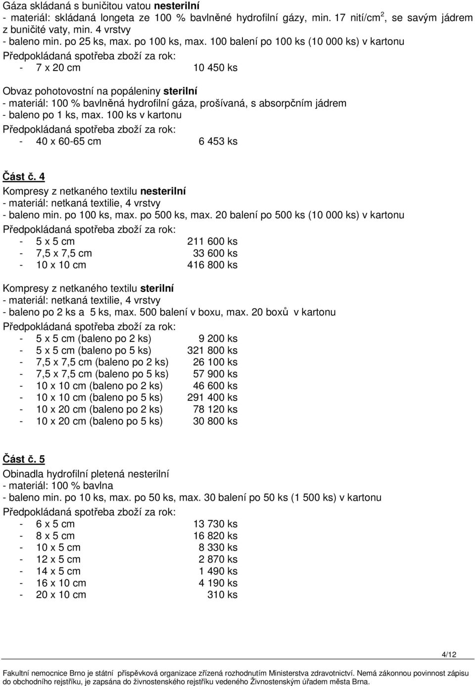 100 balení po 100 ks (10 000 ks) v kartonu - 7 x 20 cm 10 450 ks Obvaz pohotovostní na popáleniny sterilní - materiál: 100 % bavlněná hydrofilní gáza, prošívaná, s absorpčním jádrem - baleno po 1 ks,