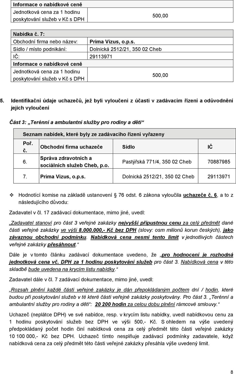 zadávacího řízení vyřazeny Poř. č. 6. Obchodní firma uchazeče Sídlo IČ Správa zdravotních a sociálních Cheb, p.o. Pastýřská 771/4, 350 02 Cheb 70887985 7. Prima Vizus, o.p.s. Dolnická 2512/21, 350 02 Cheb 29113971 Hodnotící komise na základě ustanovení 76 odst.