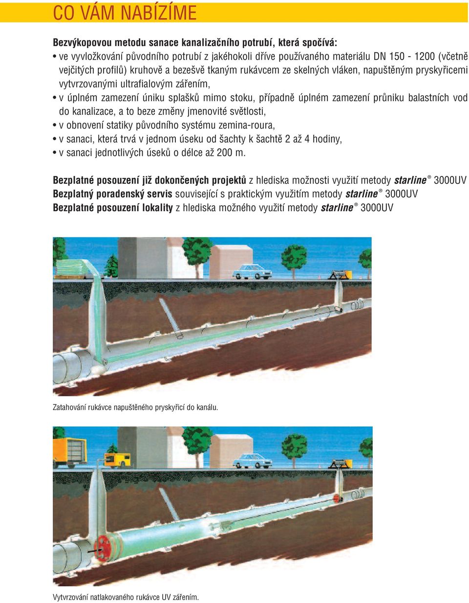 balastních vod do kanalizace, a to beze změny jmenovité světlosti, v obnovení statiky původního systému zemina-roura, v sanaci, která trvá v jednom úseku od šachty k šachtě 2 až 4 hodiny, v sanaci