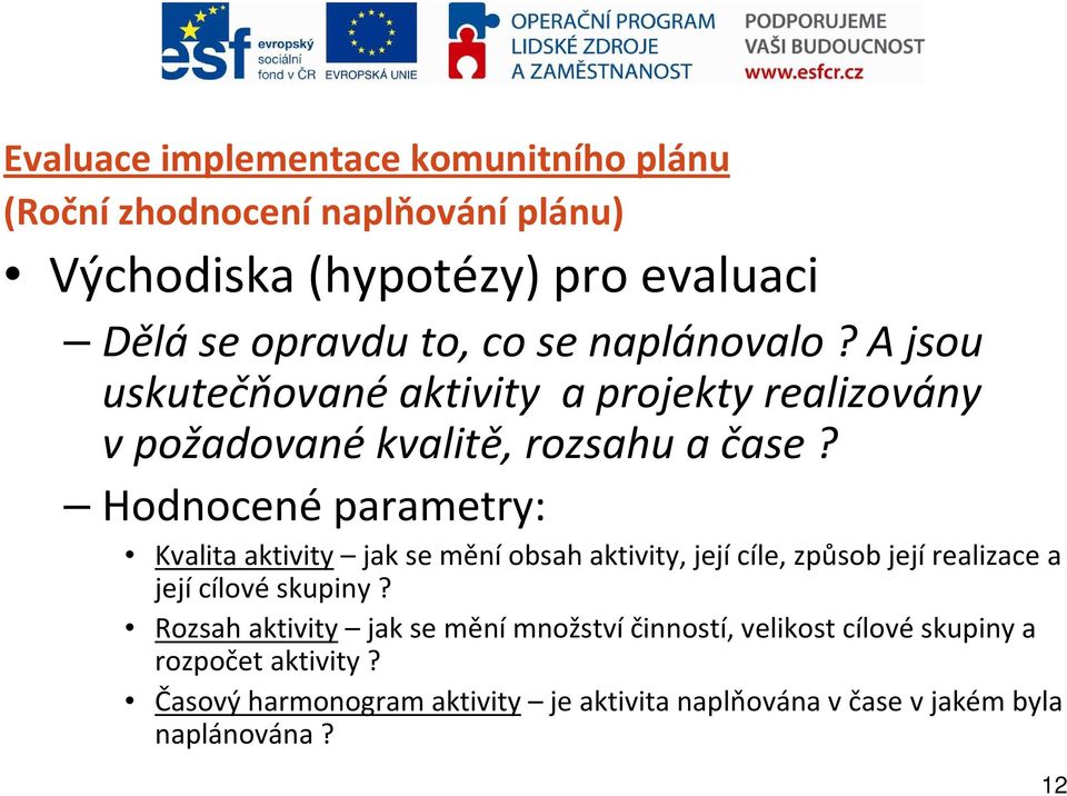 Hodnocenéparametry: Kvalita aktivity jak se měníobsah aktivity, jejícíle, způsob jejírealizace a její cílové skupiny?