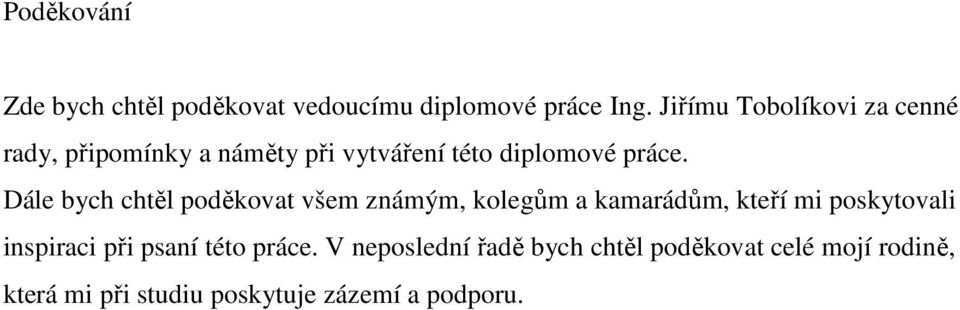 Dále bych chtěl poděkovat všem známým, kolegům a kamarádům, kteří mi poskytovali inspiraci