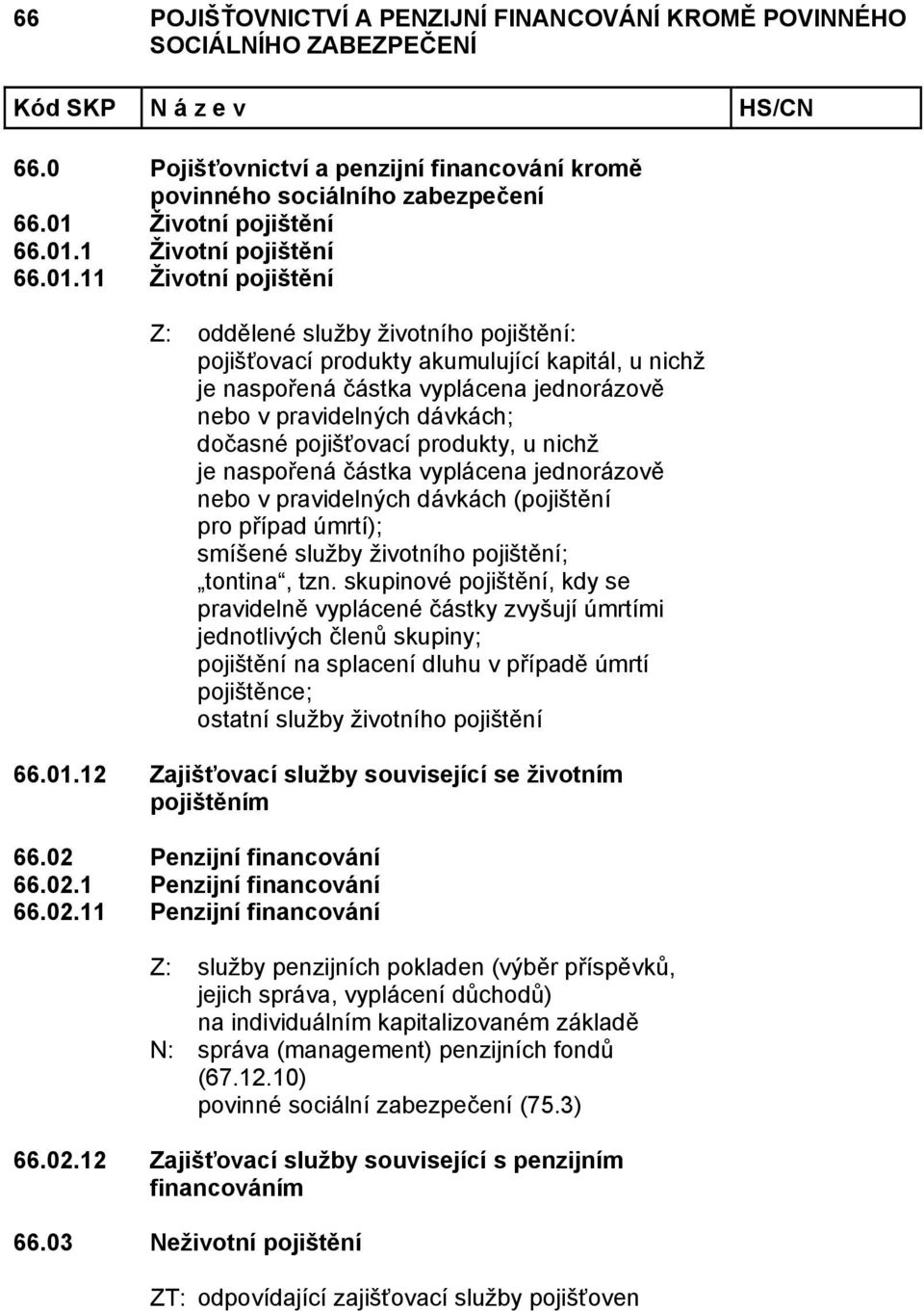 1 11 Životní pojištění Z: oddělené služby životního pojištění: pojišťovací produkty akumulující kapitál, u nichž je naspořená částka vyplácena jednorázově nebo v pravidelných dávkách; dočasné